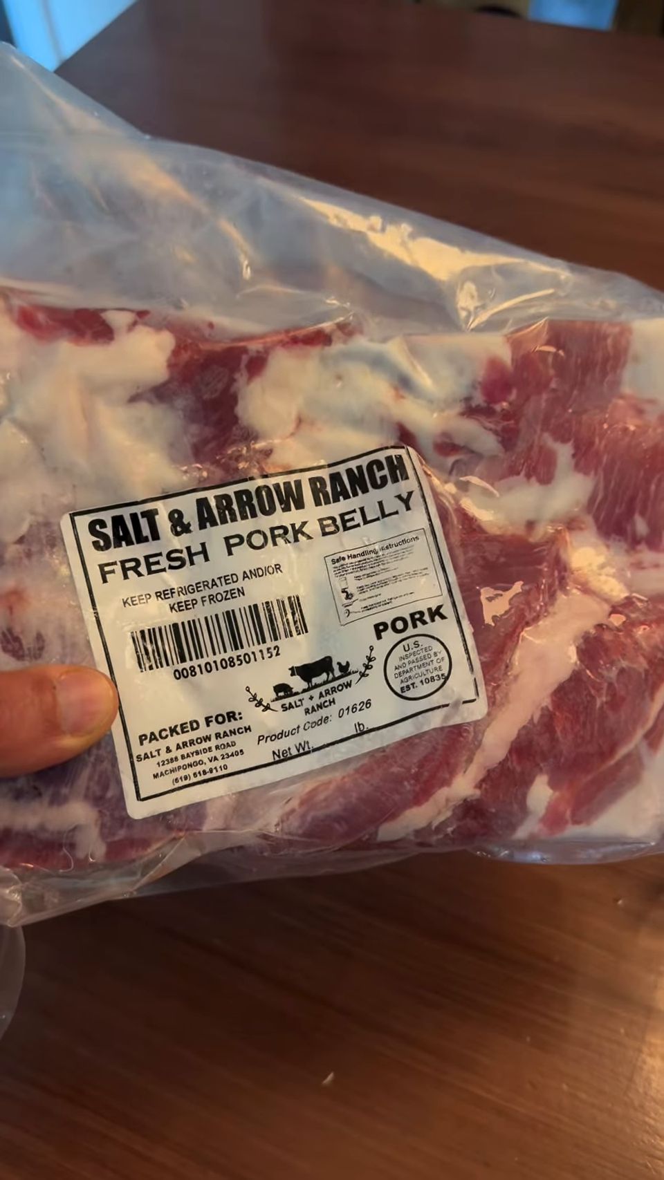 Fresh pork belly packaged with the Salt + Arrow Ranch label